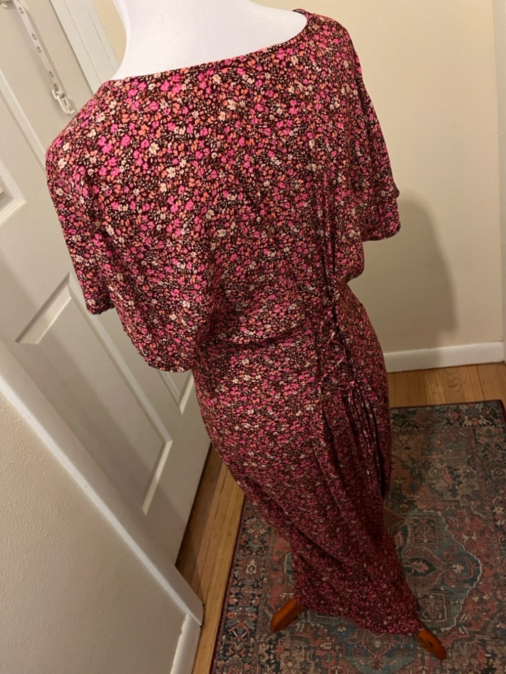 Lucky Brand Pink and Brown Floral V-Neck Dress with laces in back to adjust. - Picture 4 of 6